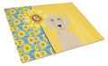 Summer Sunflowers Cream Dachshund Cutting Board Tempered Glass Kitchen Cutting Surface, Heat Resistant Chopping, Non-Slip Feet, Food Prep & Serving
