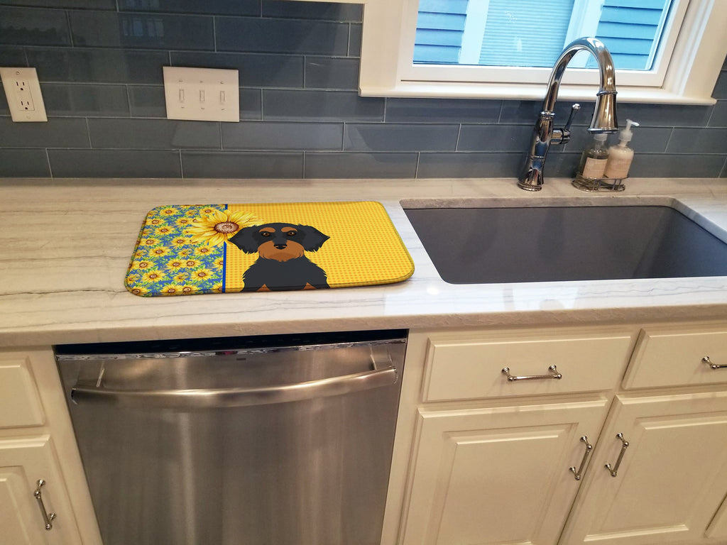 Summer Sunflowers Wirehair Black and Tan Dachshund Dish Drying Mat Absorbent Dish Drying Mat Pad for Kitchen Counter Dish Drainer Mat for Countertop, 14 x 21", Multicolor