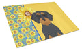 Summer Sunflowers Wirehair Black and Tan Dachshund Cutting Board Tempered Glass Kitchen Cutting Surface, Heat Resistant Chopping, Non-Slip Feet, Food Prep & Serving