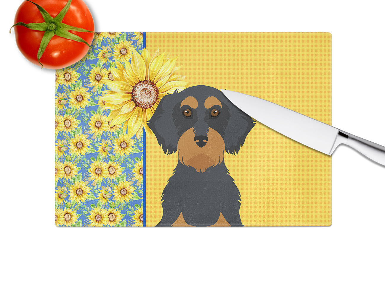 Summer Sunflowers Wirehair Black and Tan Dachshund Cutting Board Tempered Glass Kitchen Cutting Surface, Heat Resistant Chopping, Non-Slip Feet, Food Prep & Serving