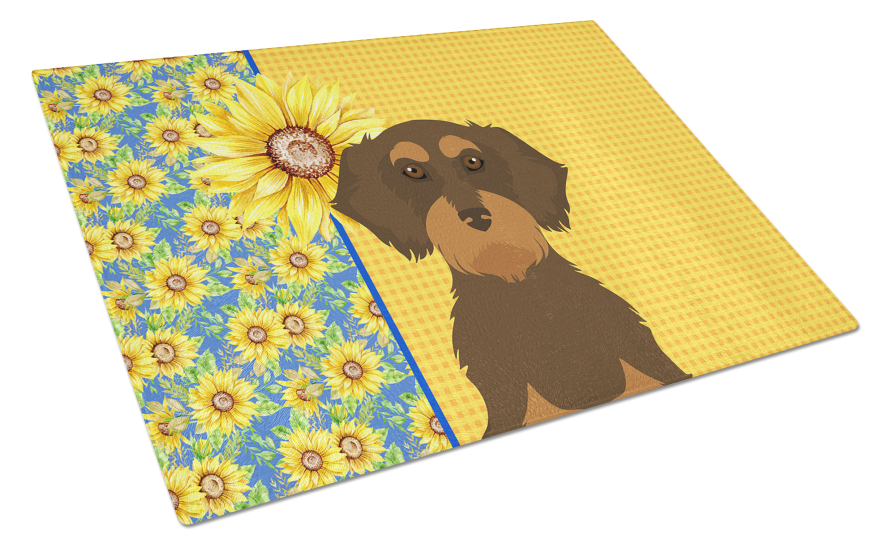 Summer Sunflowers Wirehair Chocolate and Tan Dachshund Cutting Board Tempered Glass Kitchen Cutting Surface, Heat Resistant Chopping, Non-Slip Feet, Food Prep & Serving