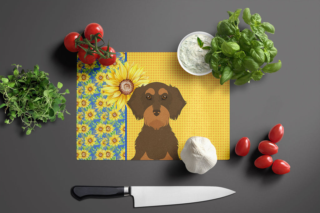 Summer Sunflowers Wirehair Chocolate and Tan Dachshund Cutting Board Tempered Glass Kitchen Cutting Surface, Heat Resistant Chopping, Non-Slip Feet, Food Prep & Serving