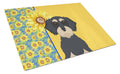 Summer Sunflowers Wirehair Black and Cream Dachshund Cutting Board Tempered Glass Kitchen Cutting Surface, Heat Resistant Chopping, Non-Slip Feet, Food Prep & Serving