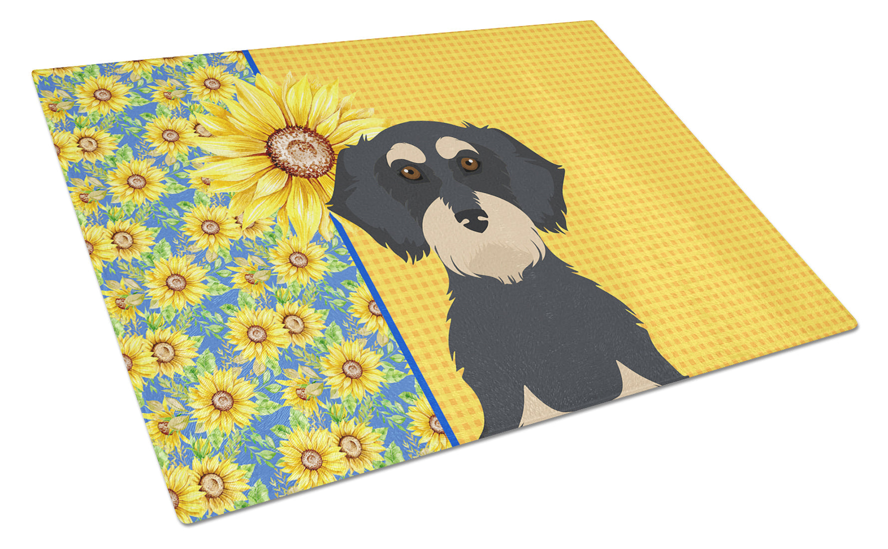 Summer Sunflowers Wirehair Black and Cream Dachshund Cutting Board Tempered Glass Kitchen Cutting Surface, Heat Resistant Chopping, Non-Slip Feet, Food Prep & Serving