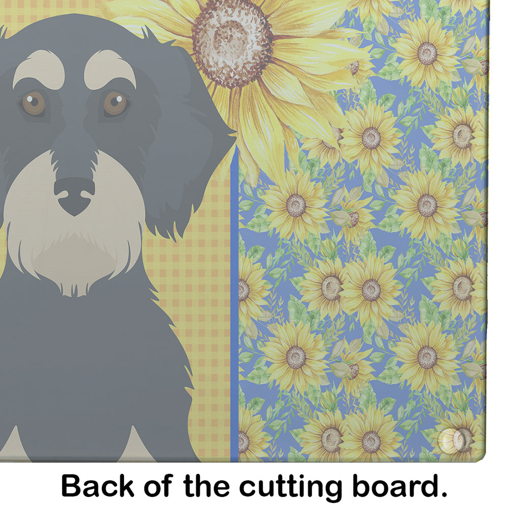 Summer Sunflowers Wirehair Black and Cream Dachshund Cutting Board Tempered Glass Kitchen Cutting Surface, Heat Resistant Chopping, Non-Slip Feet, Food Prep & Serving