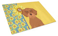 Summer Sunflowers Wirehair Red Dachshund Cutting Board Tempered Glass Kitchen Cutting Surface, Heat Resistant Chopping, Non-Slip Feet, Food Prep & Serving