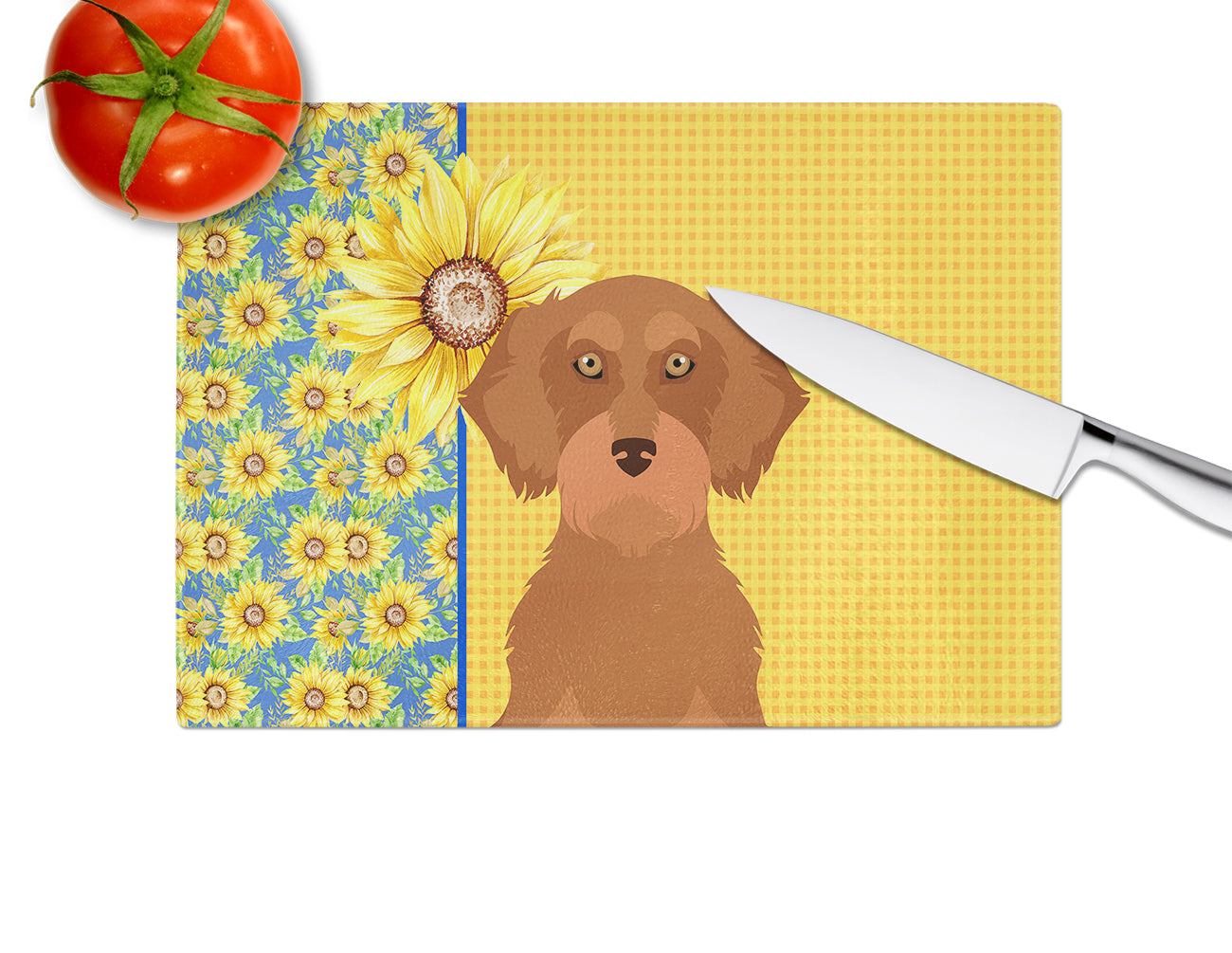 Summer Sunflowers Wirehair Red Dachshund Cutting Board Tempered Glass Kitchen Cutting Surface, Heat Resistant Chopping, Non-Slip Feet, Food Prep & Serving