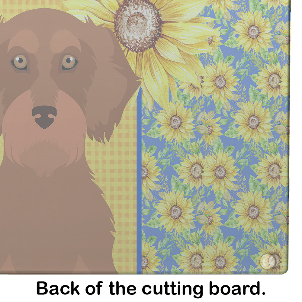 Summer Sunflowers Wirehair Red Dachshund Cutting Board Tempered Glass Kitchen Cutting Surface, Heat Resistant Chopping, Non-Slip Feet, Food Prep & Serving