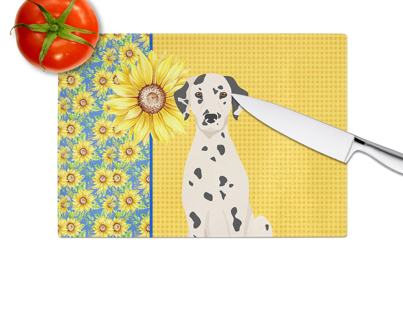 Summer Sunflowers Dalmatian Cutting Board Tempered Glass Kitchen Cutting Surface, Heat Resistant Chopping, Non-Slip Feet, Food Prep & Serving