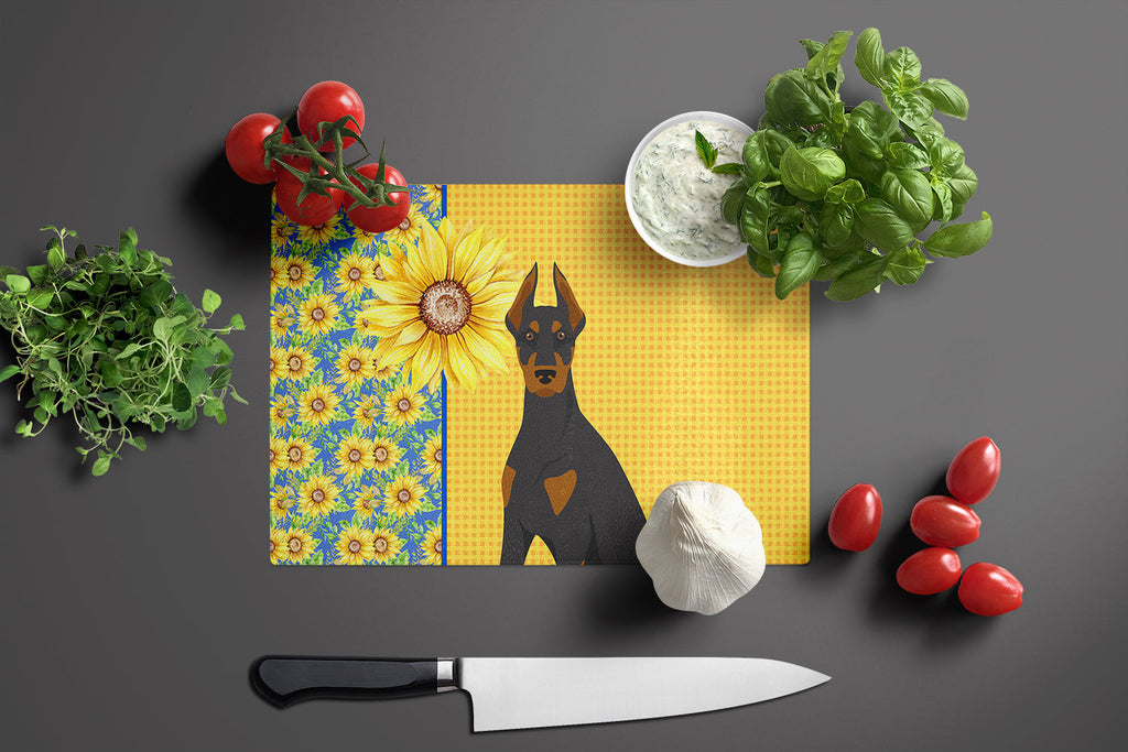 Summer Sunflowers Black and Tan Doberman Pinscher Cutting Board Tempered Glass Kitchen Cutting Surface, Heat Resistant Chopping, Non-Slip Feet, Food Prep & Serving