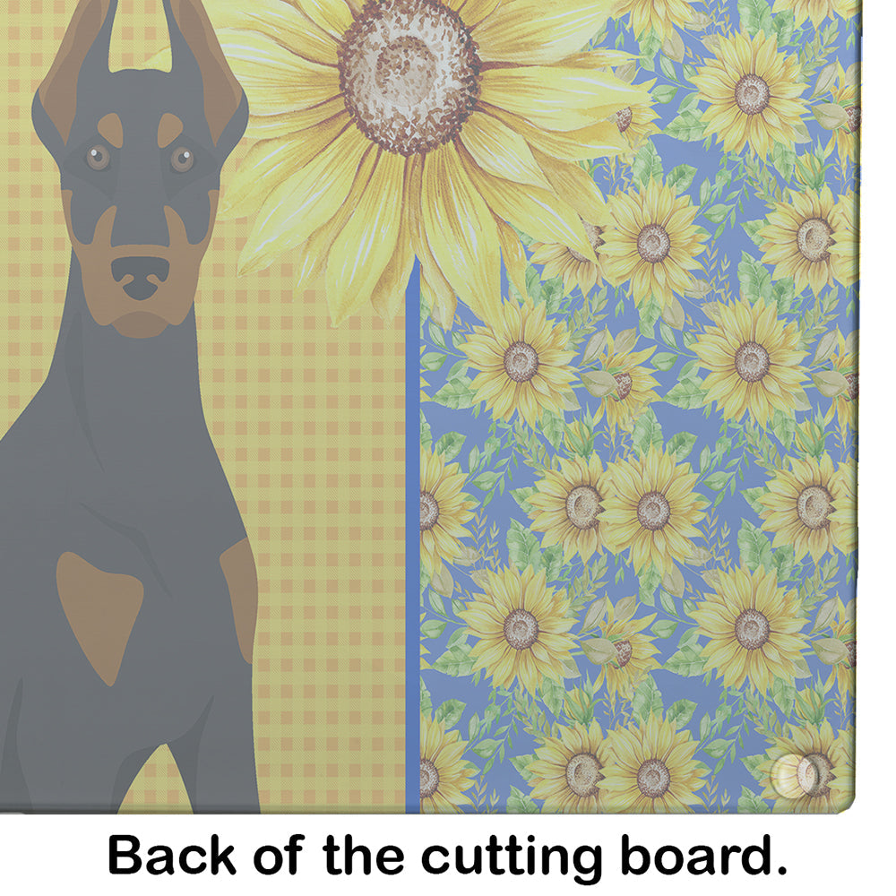 Summer Sunflowers Black and Tan Doberman Pinscher Cutting Board Tempered Glass Kitchen Cutting Surface, Heat Resistant Chopping, Non-Slip Feet, Food Prep & Serving