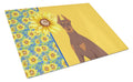 Summer Sunflowers Red and Tan Doberman Pinscher Cutting Board Tempered Glass Kitchen Cutting Surface, Heat Resistant Chopping, Non-Slip Feet, Food Prep & Serving