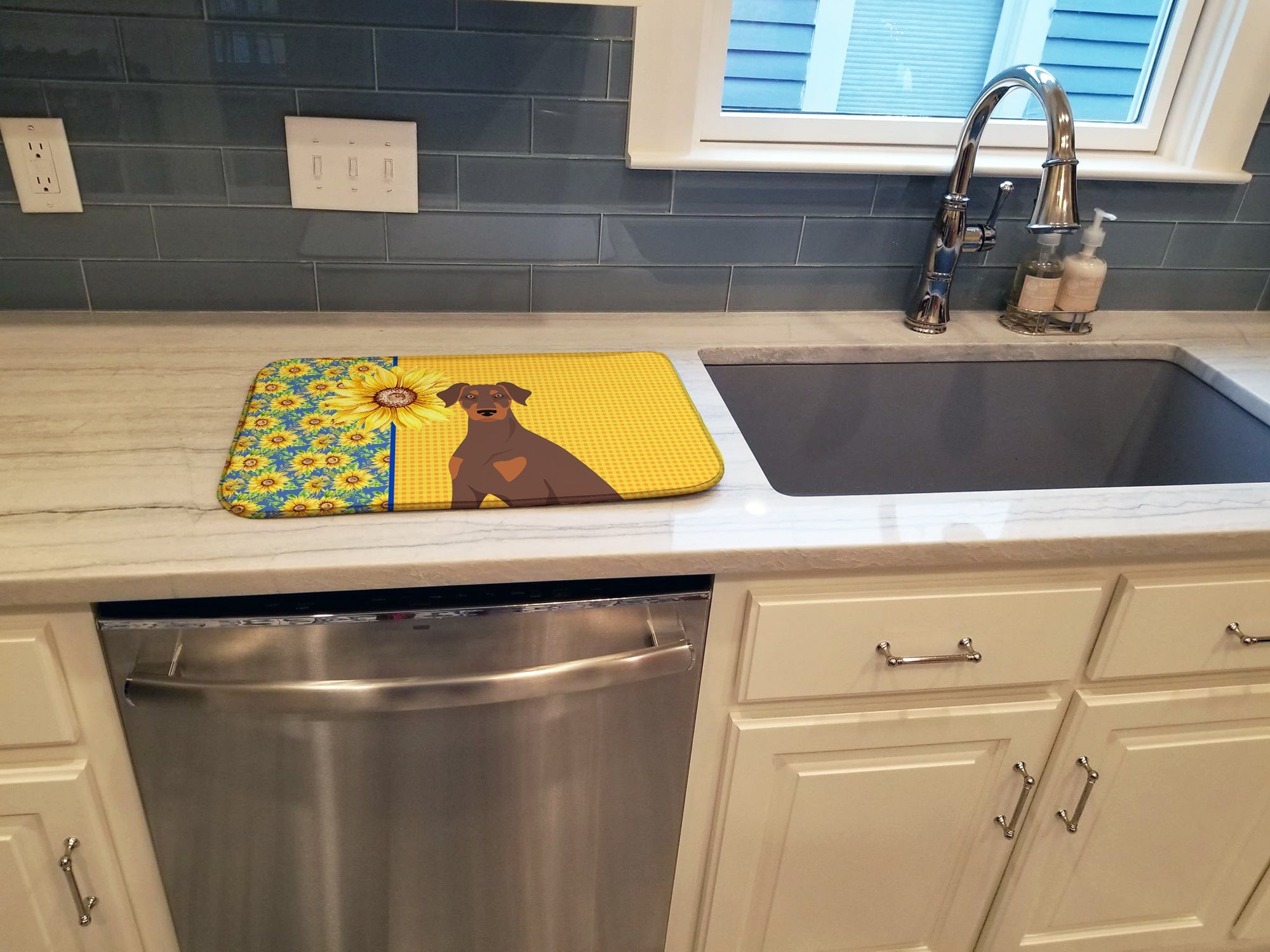 Summer Sunflowers Natural Ear Red and Tan Doberman Pinscher Dish Drying Mat Absorbent Dish Drying Mat Pad for Kitchen Counter Dish Drainer Mat for Countertop, 14 x 21", Multicolor
