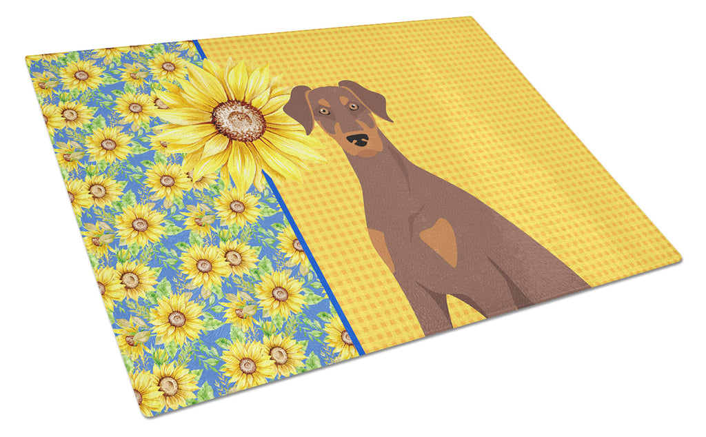 Summer Sunflowers Natural Ear Red and Tan Doberman Pinscher Cutting Board Tempered Glass Kitchen Cutting Surface, Heat Resistant Chopping, Non-Slip Feet, Food Prep & Serving
