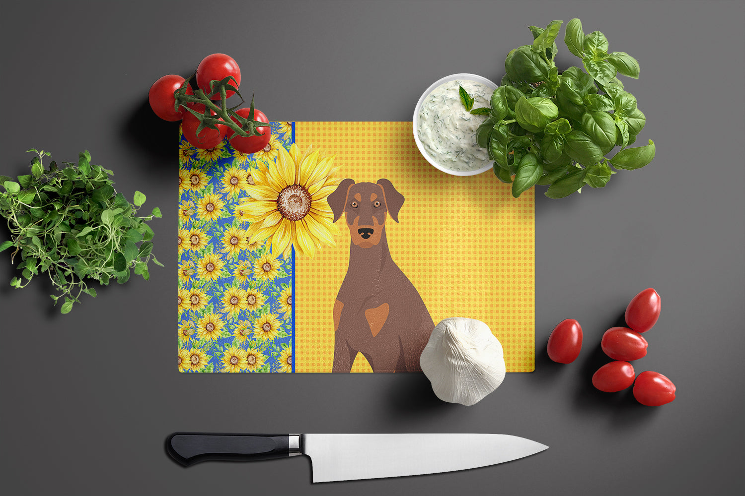 Summer Sunflowers Natural Ear Red and Tan Doberman Pinscher Cutting Board Tempered Glass Kitchen Cutting Surface, Heat Resistant Chopping, Non-Slip Feet, Food Prep & Serving