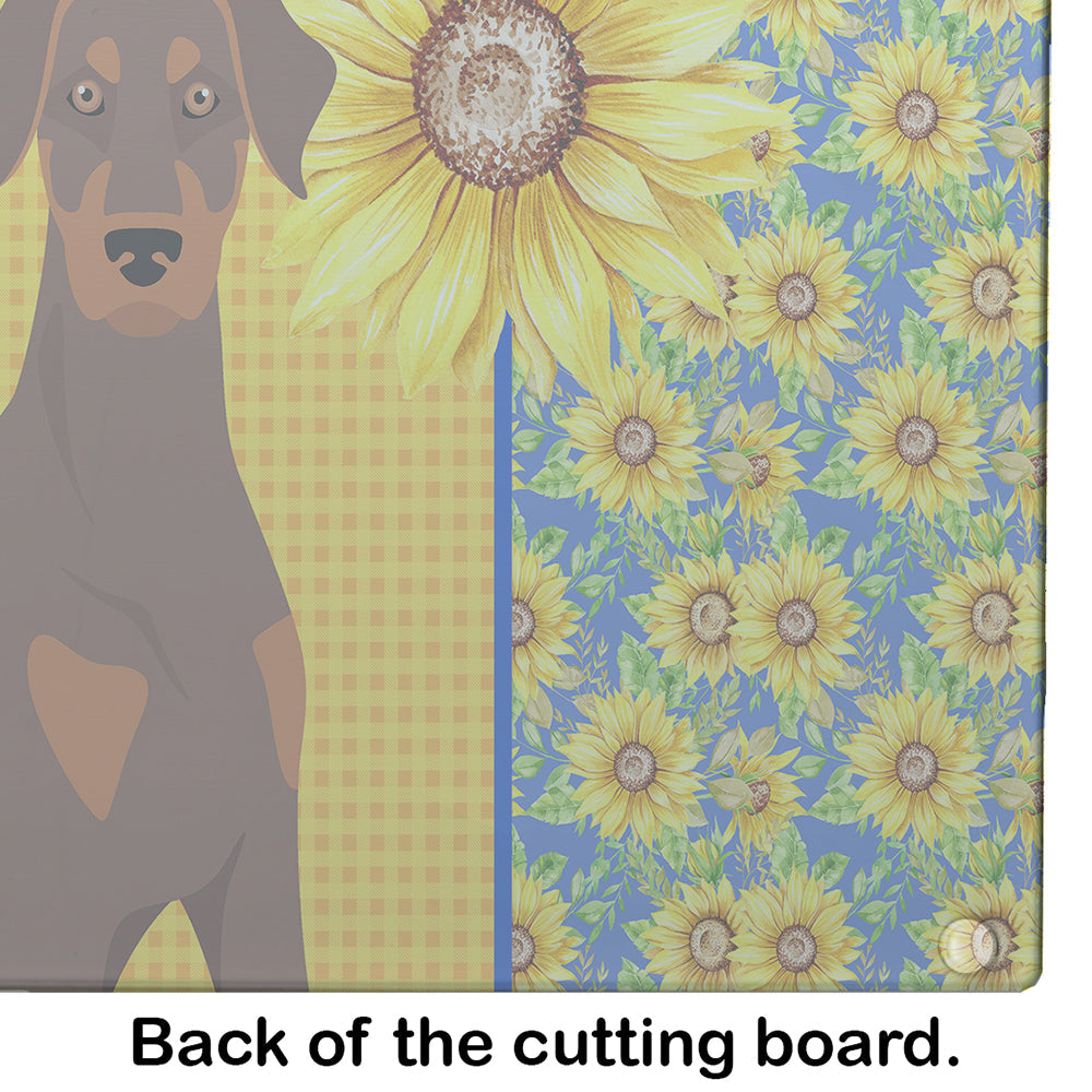 Summer Sunflowers Natural Ear Red and Tan Doberman Pinscher Cutting Board Tempered Glass Kitchen Cutting Surface, Heat Resistant Chopping, Non-Slip Feet, Food Prep & Serving
