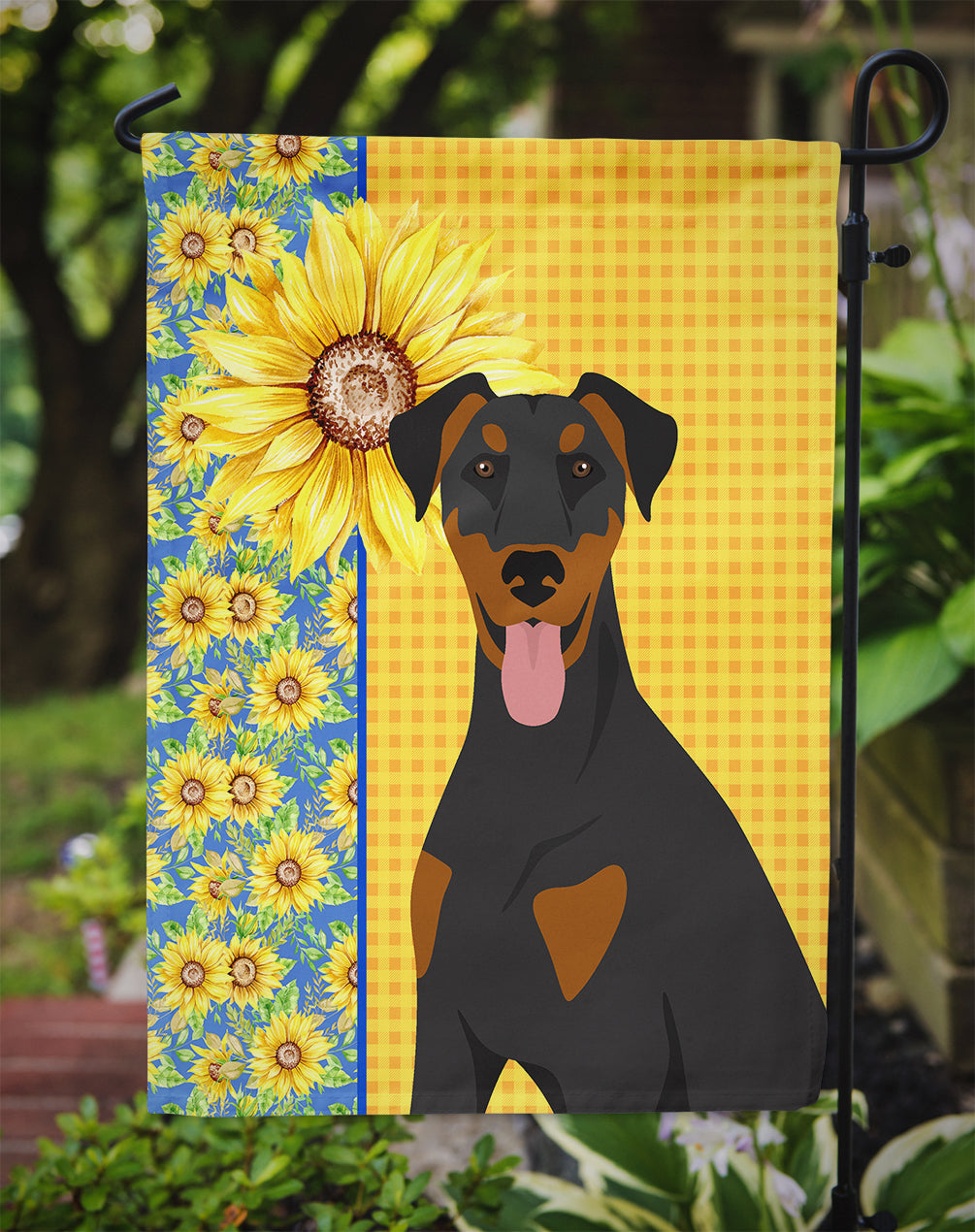 Summer Sunflowers Natural Ear Black and Tan Doberman Pinscher Garden Flag Mailbox Decorative Yard Banner Outside Patio Artwork for Flower Beds, Garden Size, Multicolor