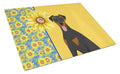 Summer Sunflowers Natural Ear Black and Tan Doberman Pinscher Cutting Board Tempered Glass Kitchen Cutting Surface, Heat Resistant Chopping, Non-Slip Feet, Food Prep & Serving