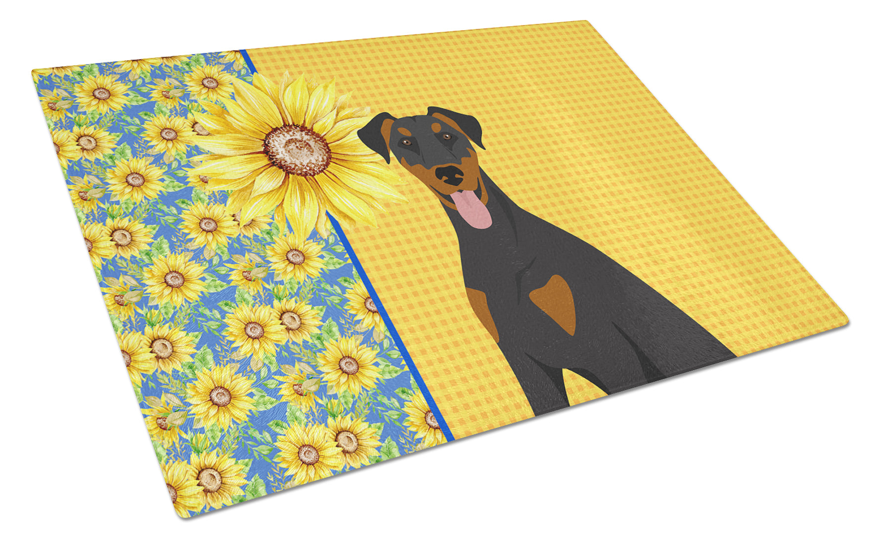 Summer Sunflowers Natural Ear Black and Tan Doberman Pinscher Cutting Board Tempered Glass Kitchen Cutting Surface, Heat Resistant Chopping, Non-Slip Feet, Food Prep & Serving