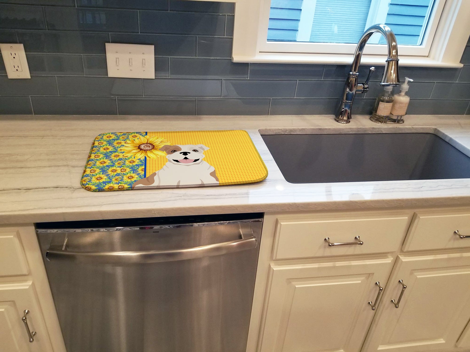 Summer Sunflowers Piebald English Bulldog Dish Drying Mat Absorbent Dish Drying Mat Pad for Kitchen Counter Dish Drainer Mat for Countertop, 14 x 21", Multicolor