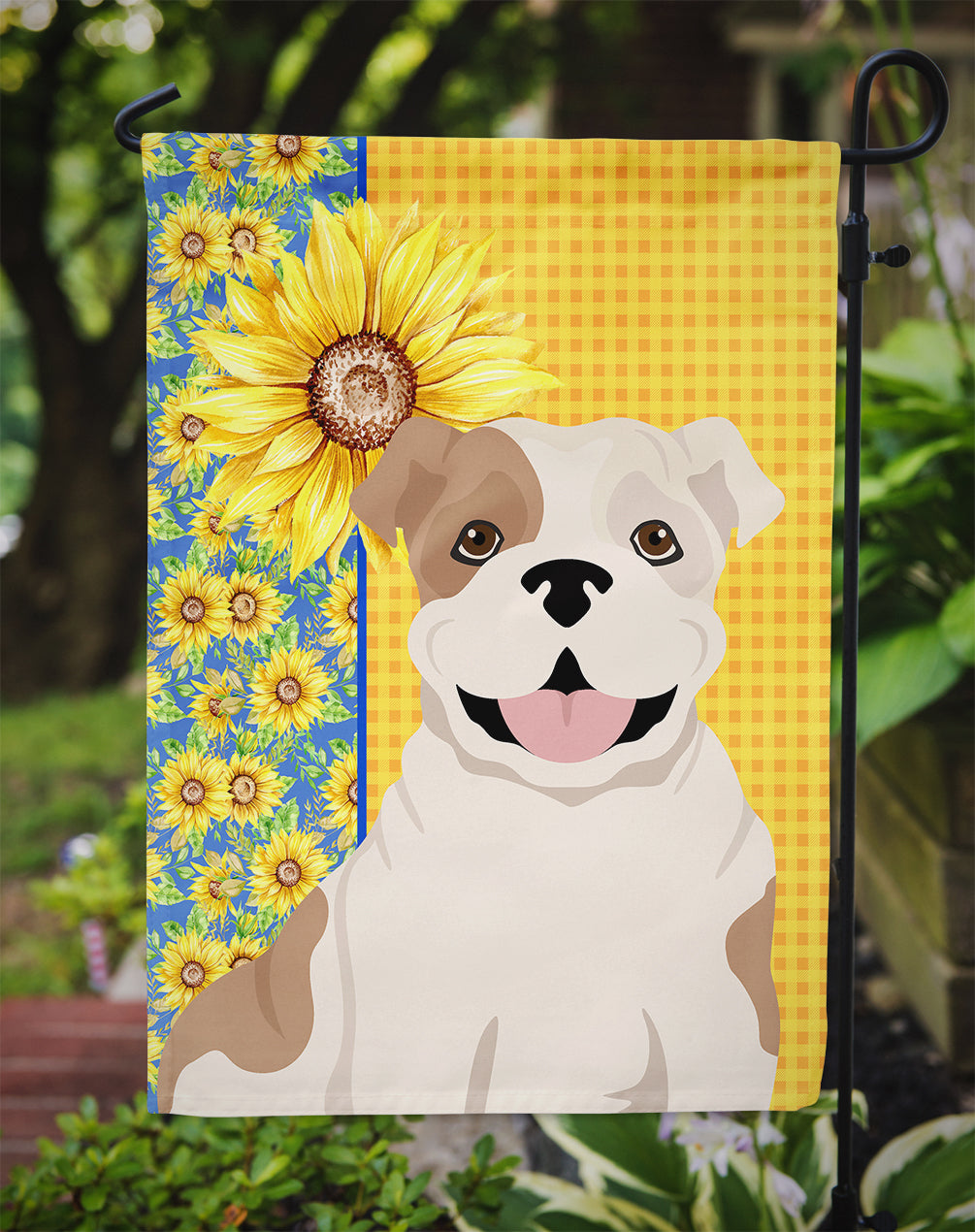 Summer Sunflowers Piebald English Bulldog Garden Flag Mailbox Decorative Yard Banner Outside Patio Artwork for Flower Beds, Garden Size, Multicolor