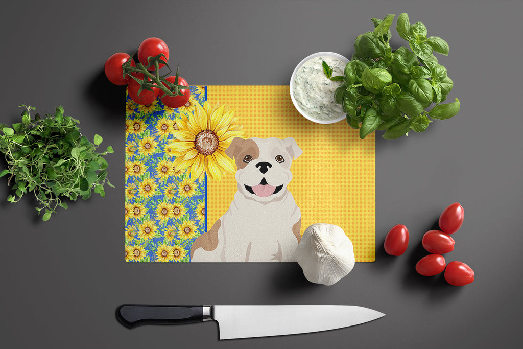 Summer Sunflowers Piebald English Bulldog Cutting Board Tempered Glass Kitchen Cutting Surface, Heat Resistant Chopping, Non-Slip Feet, Food Prep & Serving
