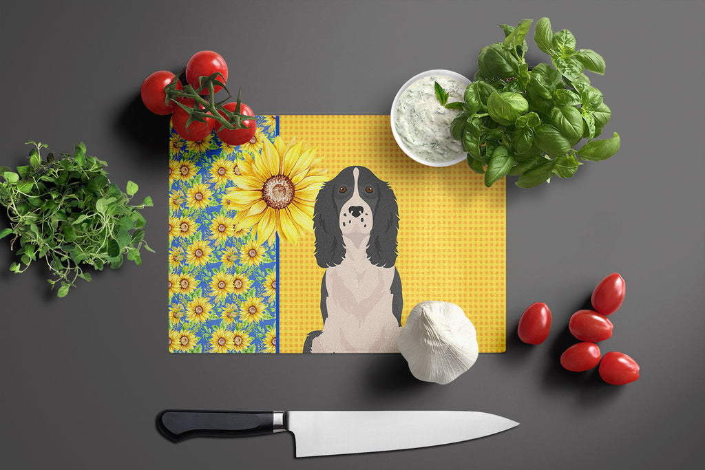Summer Sunflowers Black English Springer Spaniel Cutting Board Tempered Glass Kitchen Cutting Surface, Heat Resistant Chopping, Non-Slip Feet, Food Prep & Serving