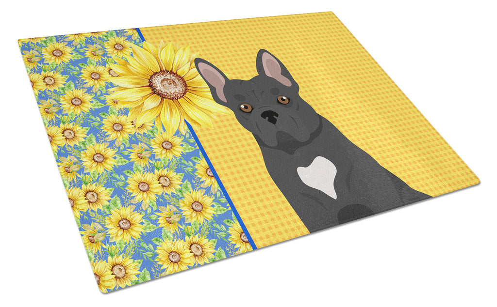Summer Sunflowers Black French Bulldog Cutting Board Tempered Glass Kitchen Cutting Surface, Heat Resistant Chopping, Non-Slip Feet, Food Prep & Serving