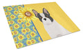 Summer Sunflowers Black and White French Bulldog Cutting Board Tempered Glass Kitchen Cutting Surface, Heat Resistant Chopping, Non-Slip Feet, Food Prep & Serving