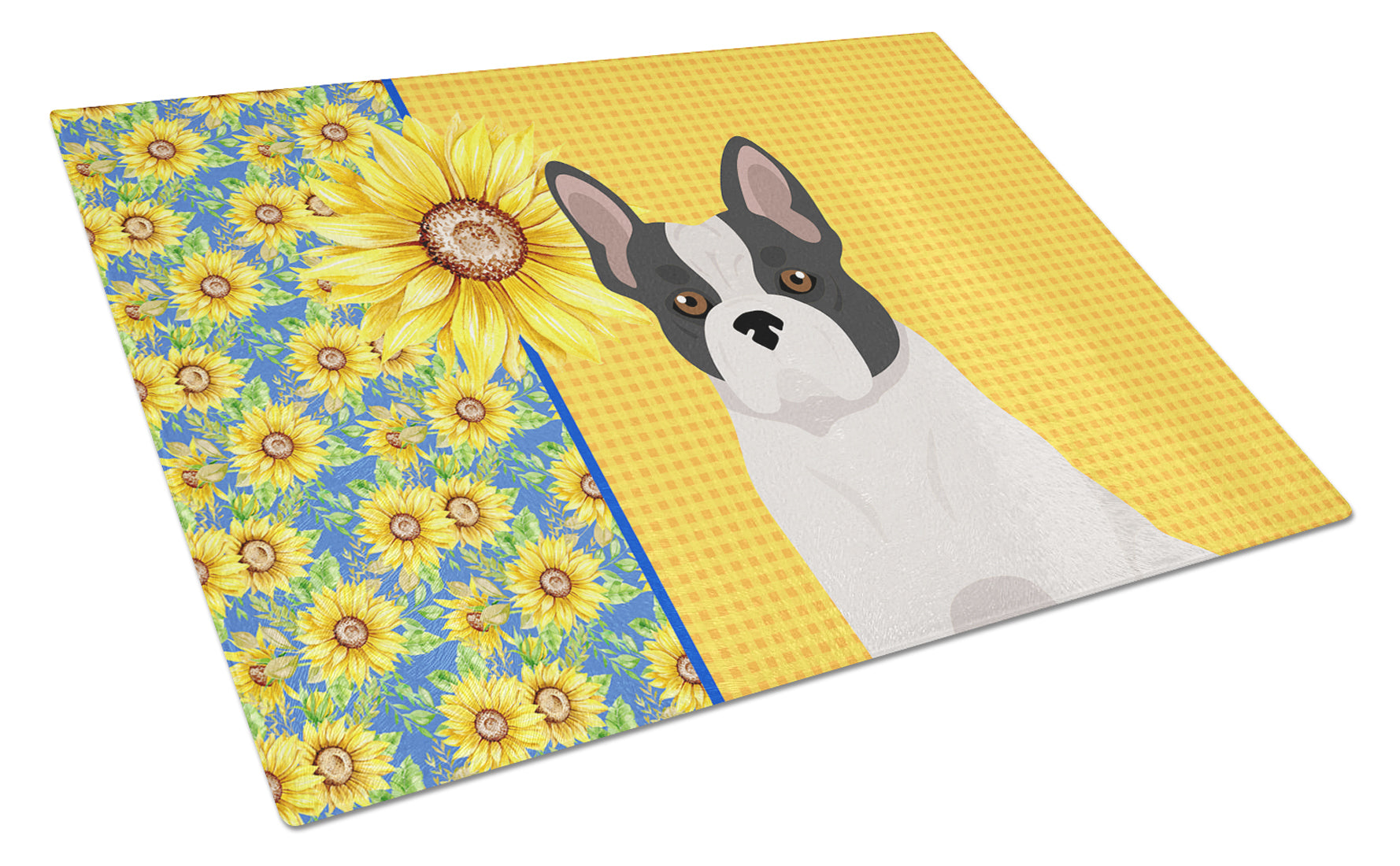 Summer Sunflowers Black and White French Bulldog Cutting Board Tempered Glass Kitchen Cutting Surface, Heat Resistant Chopping, Non-Slip Feet, Food Prep & Serving