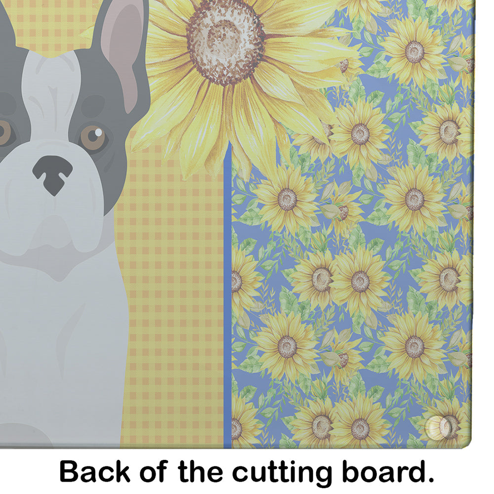 Summer Sunflowers Black and White French Bulldog Cutting Board Tempered Glass Kitchen Cutting Surface, Heat Resistant Chopping, Non-Slip Feet, Food Prep & Serving