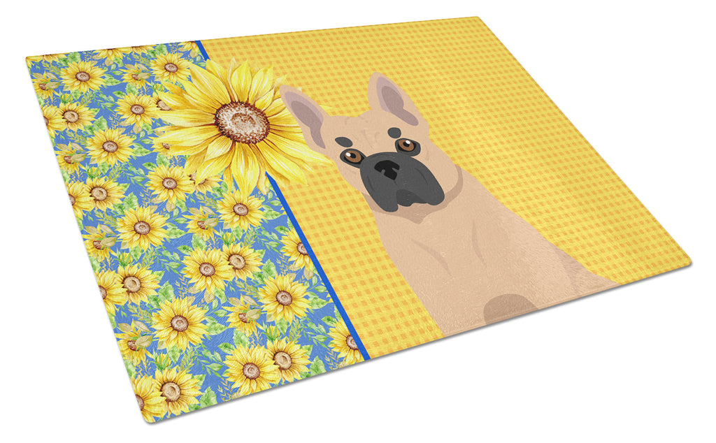 Summer Sunflowers Fawn French Bulldog Cutting Board Tempered Glass Kitchen Cutting Surface, Heat Resistant Chopping, Non-Slip Feet, Food Prep & Serving