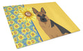 Summer Sunflowers Black and Tan German Shepherd Cutting Board Tempered Glass Kitchen Cutting Surface, Heat Resistant Chopping, Non-Slip Feet, Food Prep & Serving