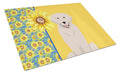 Summer Sunflowers Cream Golden Retriever Cutting Board Tempered Glass Kitchen Cutting Surface, Heat Resistant Chopping, Non-Slip Feet, Food Prep & Serving