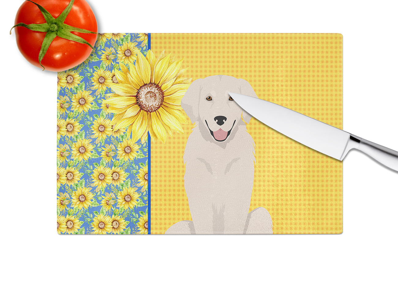 Summer Sunflowers Cream Golden Retriever Cutting Board Tempered Glass Kitchen Cutting Surface, Heat Resistant Chopping, Non-Slip Feet, Food Prep & Serving