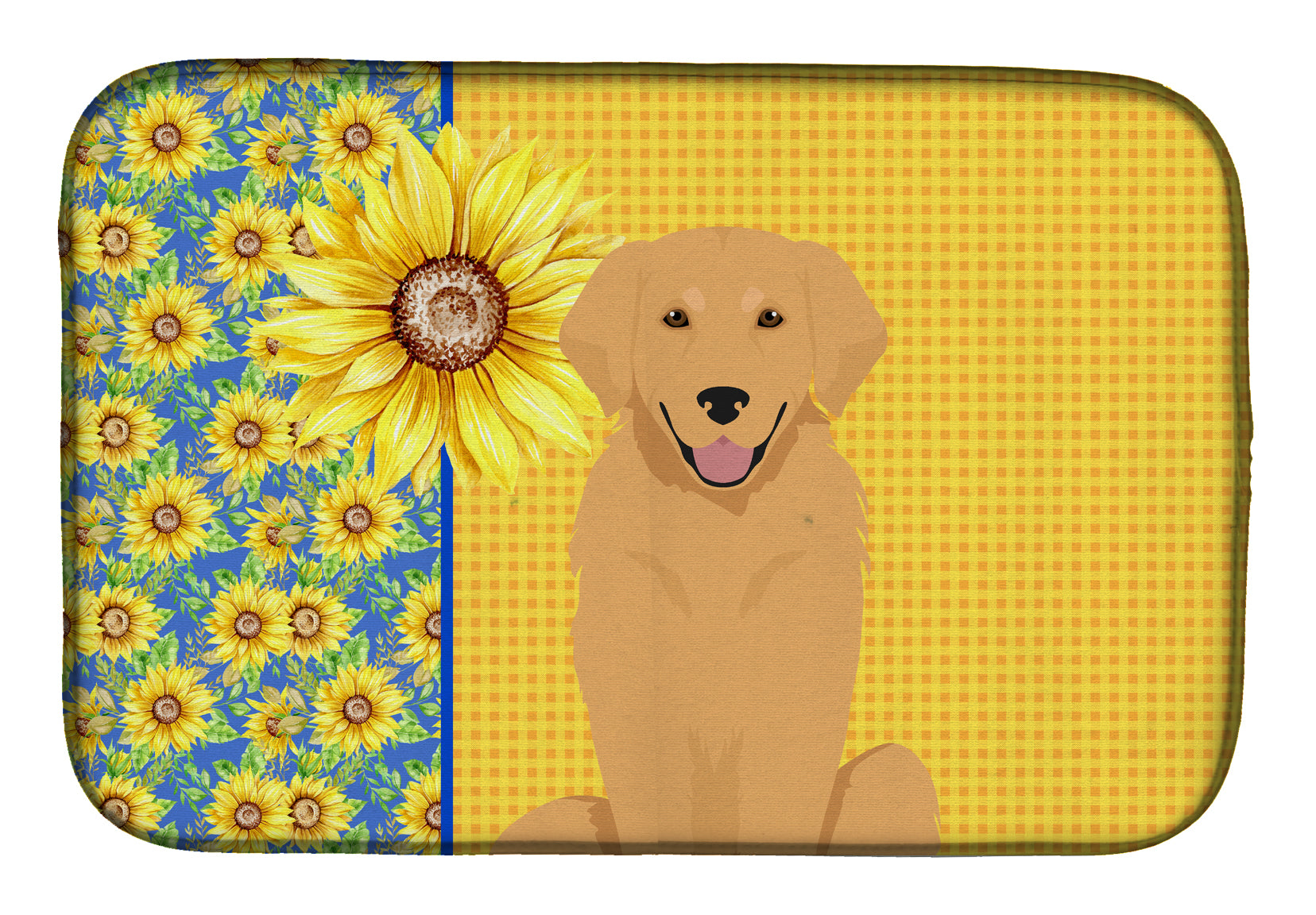Summer Sunflowers Gold Golden Retriever Dish Drying Mat Absorbent Dish Drying Mat Pad for Kitchen Counter Dish Drainer Mat for Countertop, 14 x 21", Multicolor