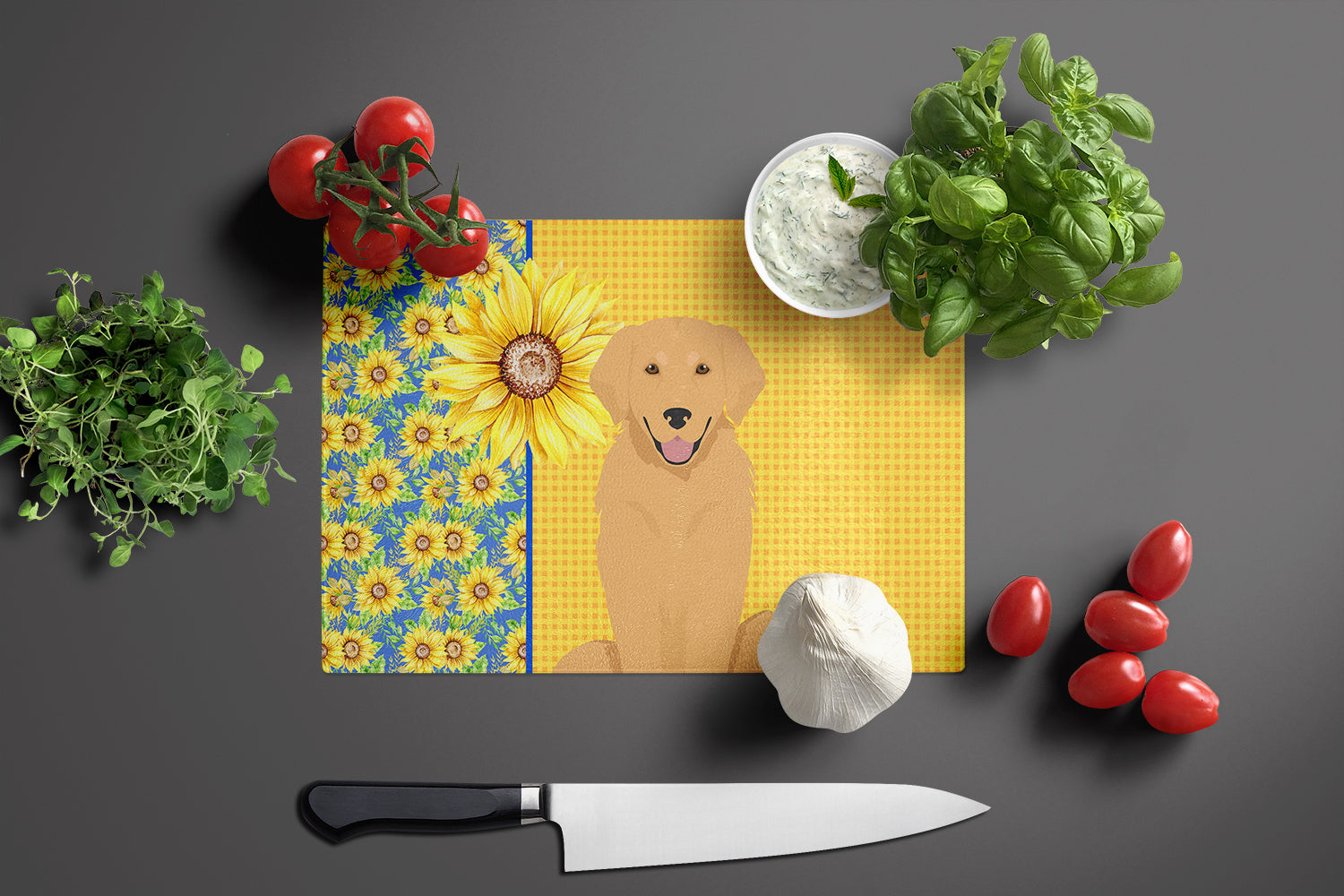 Summer Sunflowers Gold Golden Retriever Cutting Board Tempered Glass Kitchen Cutting Surface, Heat Resistant Chopping, Non-Slip Feet, Food Prep & Serving