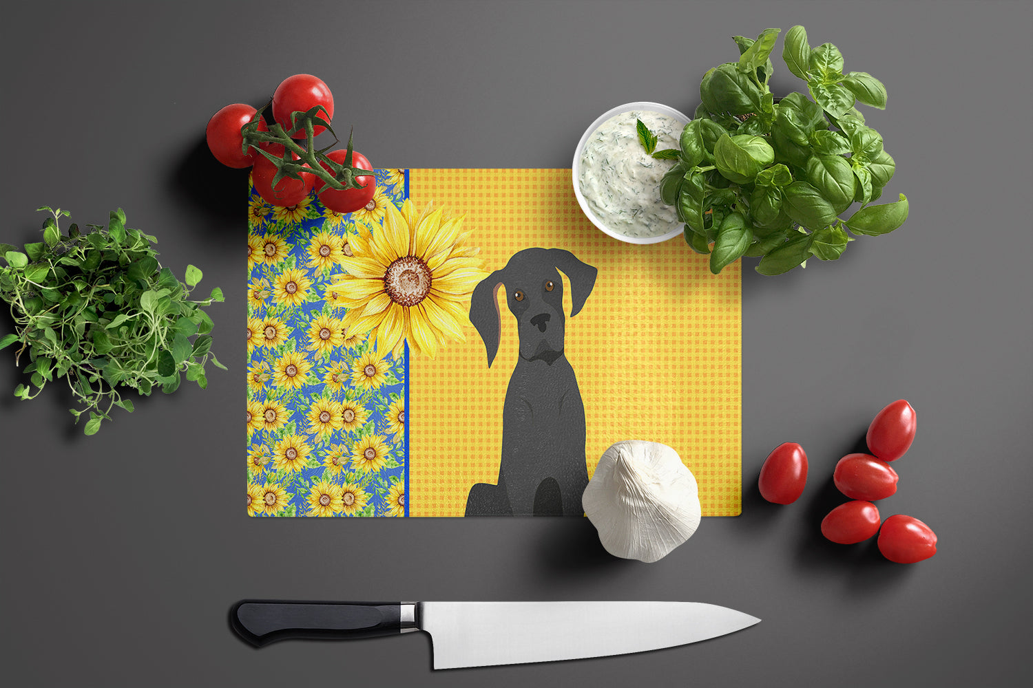 Summer Sunflowers Black Great Dane Cutting Board Tempered Glass Kitchen Cutting Surface, Heat Resistant Chopping, Non-Slip Feet, Food Prep & Serving
