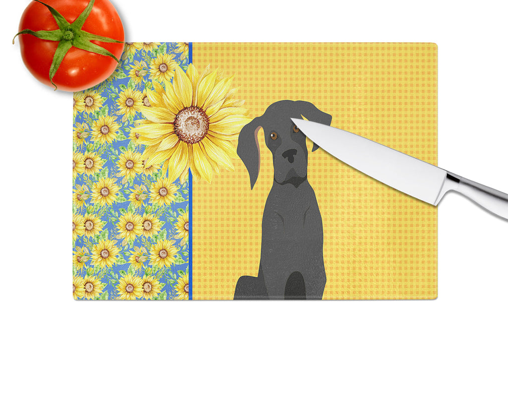 Summer Sunflowers Black Great Dane Cutting Board Tempered Glass Kitchen Cutting Surface, Heat Resistant Chopping, Non-Slip Feet, Food Prep & Serving