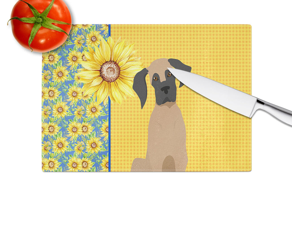 Summer Sunflowers Fawn Great Dane Cutting Board Tempered Glass Kitchen Cutting Surface, Heat Resistant Chopping, Non-Slip Feet, Food Prep & Serving