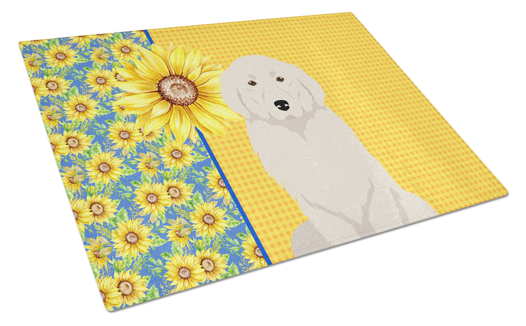 Summer Sunflowers Great Pyrenees Cutting Board Tempered Glass Kitchen Cutting Surface, Heat Resistant Chopping, Non-Slip Feet, Food Prep & Serving
