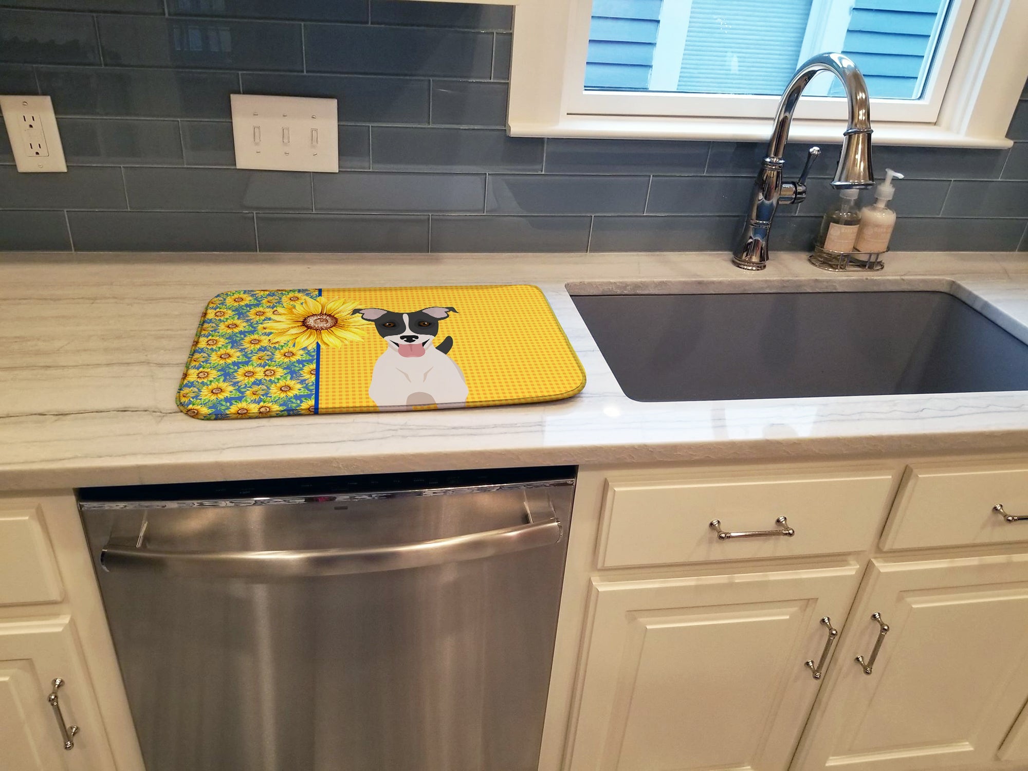 Summer Sunflowers Black White Smooth Jack Russell Terrier Dish Drying Mat Absorbent Dish Drying Mat Pad for Kitchen Counter Dish Drainer Mat for Countertop, 14 x 21", Multicolor