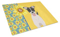 Summer Sunflowers Black White Smooth Jack Russell Terrier Cutting Board Tempered Glass Kitchen Cutting Surface, Heat Resistant Chopping, Non-Slip Feet, Food Prep & Serving