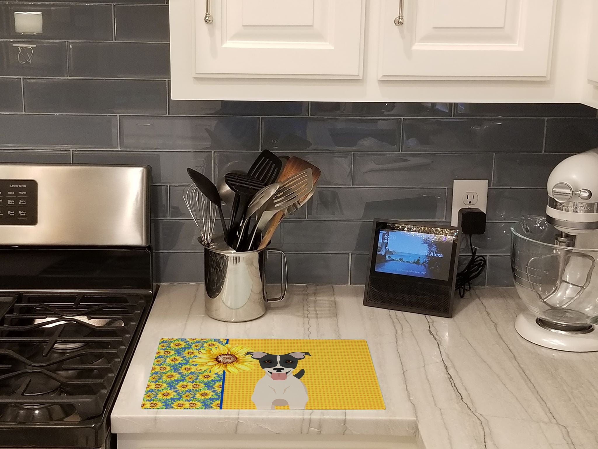 Summer Sunflowers Black White Smooth Jack Russell Terrier Cutting Board Tempered Glass Kitchen Cutting Surface, Heat Resistant Chopping, Non-Slip Feet, Food Prep & Serving