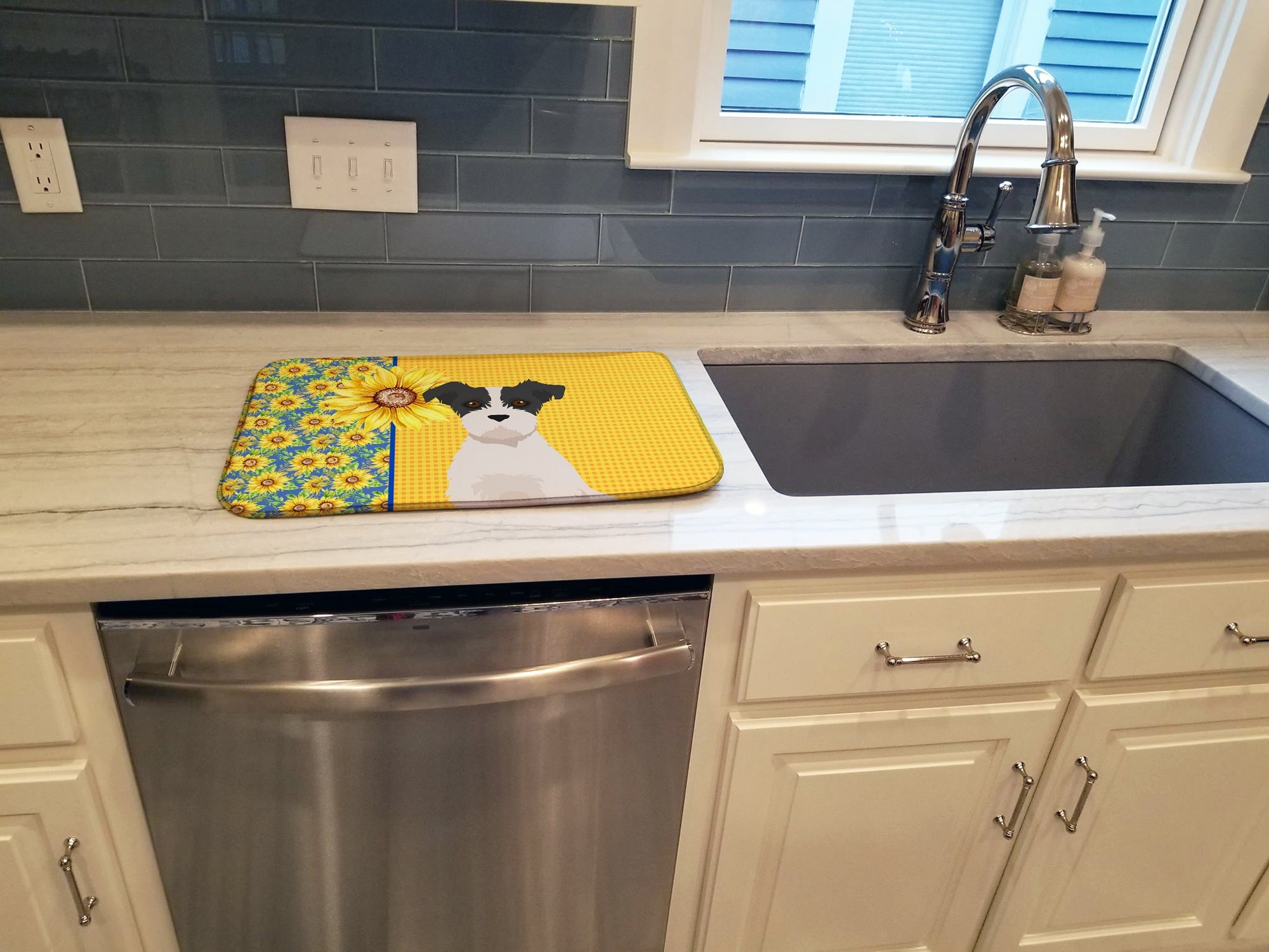 Summer Sunflowers Black White Wirehair Jack Russell Terrier Dish Drying Mat Absorbent Dish Drying Mat Pad for Kitchen Counter Dish Drainer Mat for Countertop, 14 x 21", Multicolor