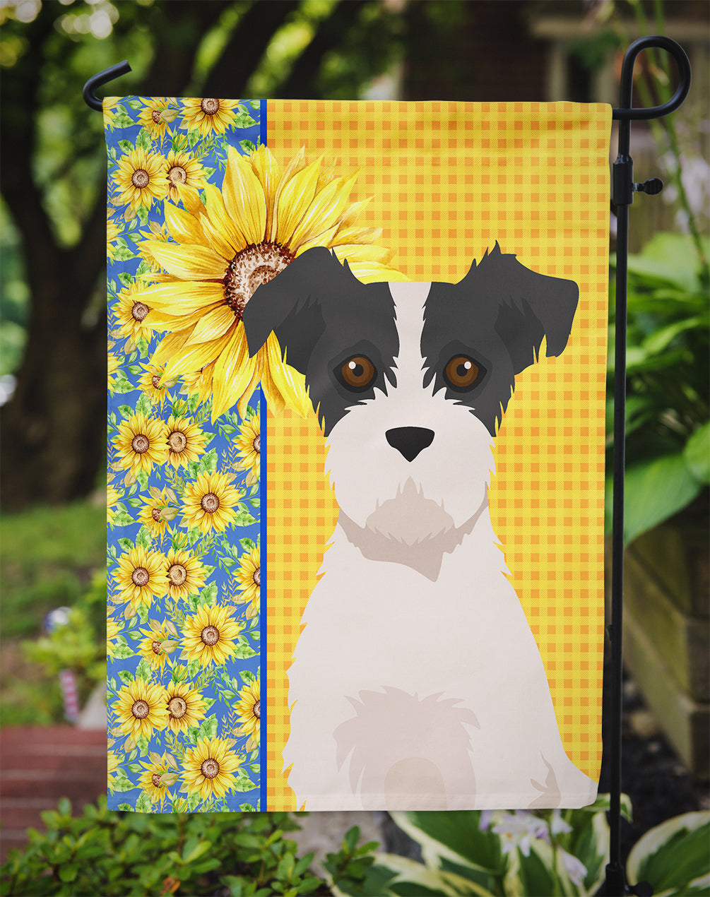 Summer Sunflowers Black White Wirehair Jack Russell Terrier Garden Flag Mailbox Decorative Yard Banner Outside Patio Artwork for Flower Beds, Garden Size, Multicolor
