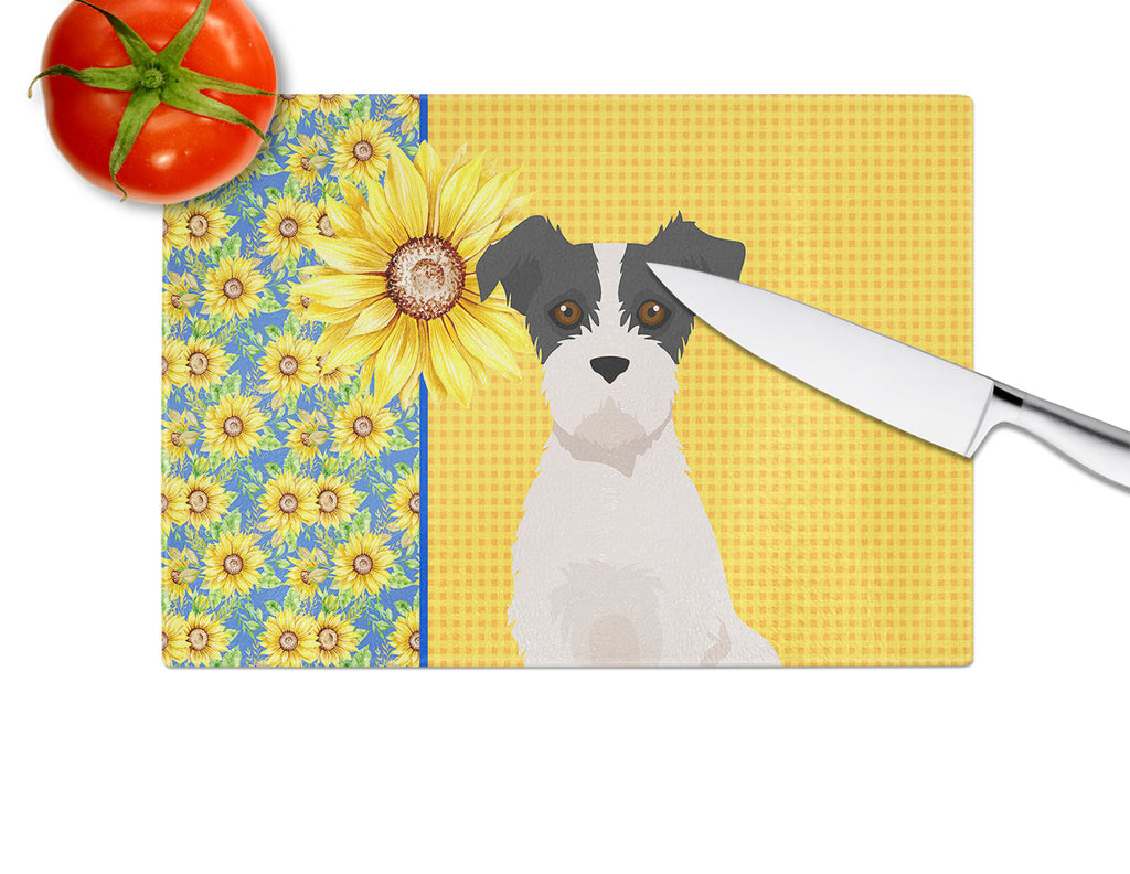 Summer Sunflowers Black White Wirehair Jack Russell Terrier Cutting Board Tempered Glass Kitchen Cutting Surface, Heat Resistant Chopping, Non-Slip Feet, Food Prep & Serving