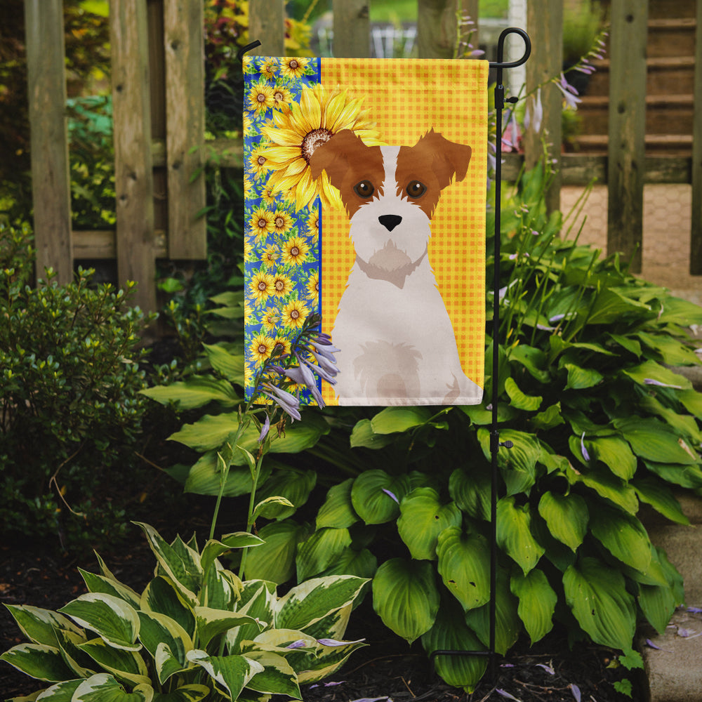 Summer Sunflowers Brown White Wirehair Jack Russell Terrier Garden Flag Mailbox Decorative Yard Banner Outside Patio Artwork for Flower Beds, Garden Size, Multicolor