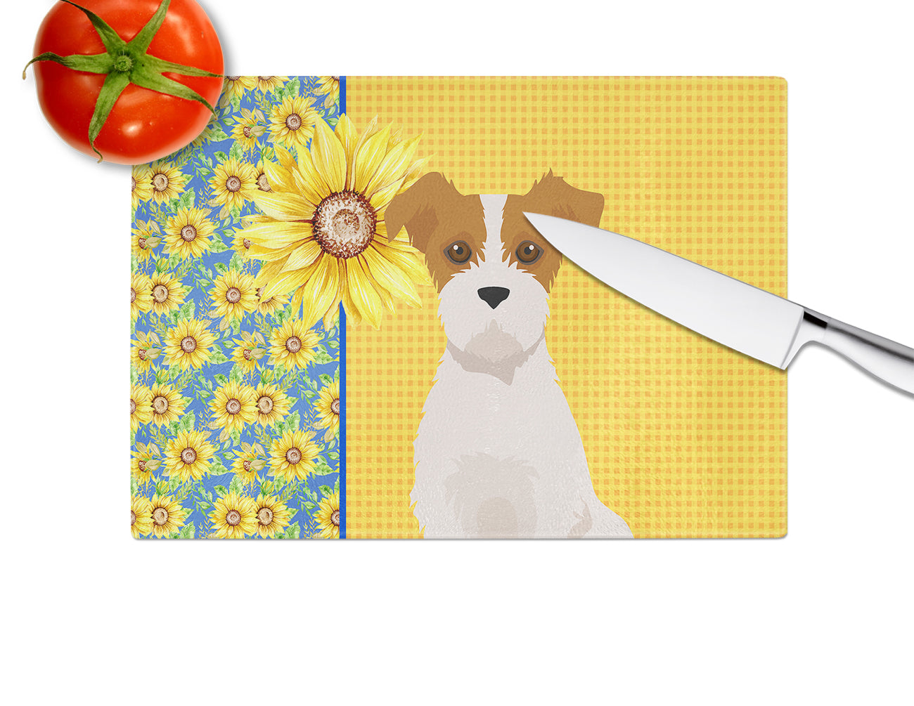 Summer Sunflowers Brown White Wirehair Jack Russell Terrier Cutting Board Tempered Glass Kitchen Cutting Surface, Heat Resistant Chopping, Non-Slip Feet, Food Prep & Serving