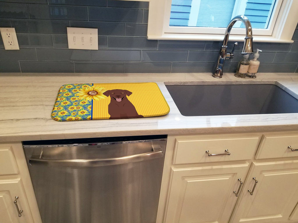 Summer Sunflowers Chocolate Labrador Retriever Dish Drying Mat Absorbent Dish Drying Mat Pad for Kitchen Counter Dish Drainer Mat for Countertop, 14 x 21", Multicolor